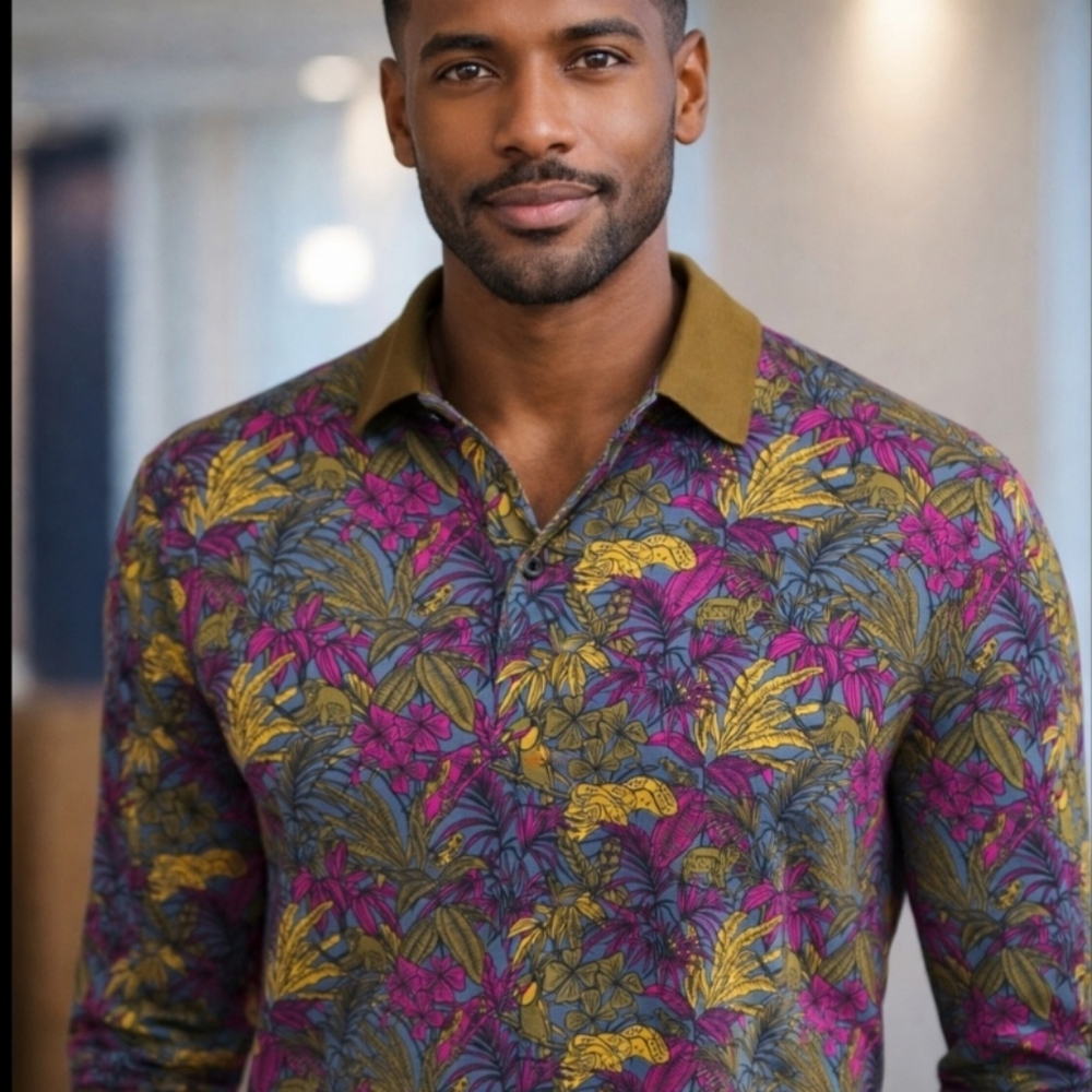Bonobos Tropical Jungle Print Multi-color Long Sleeve Polo Size Medium